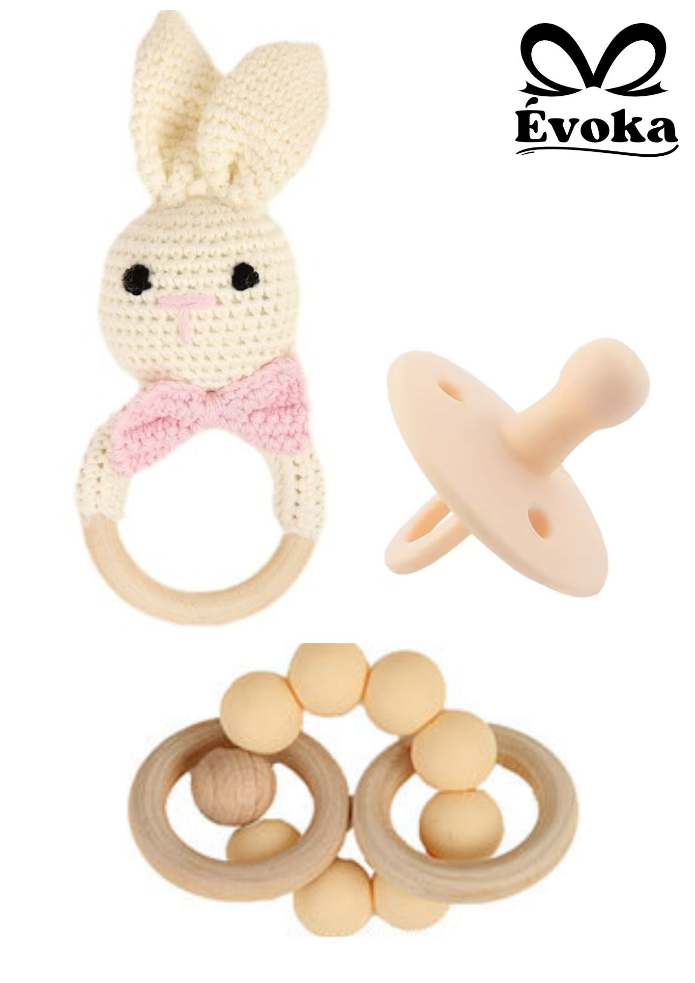 Set bebé 3 piezas: Chupetero,  Sonajero y juego relajante